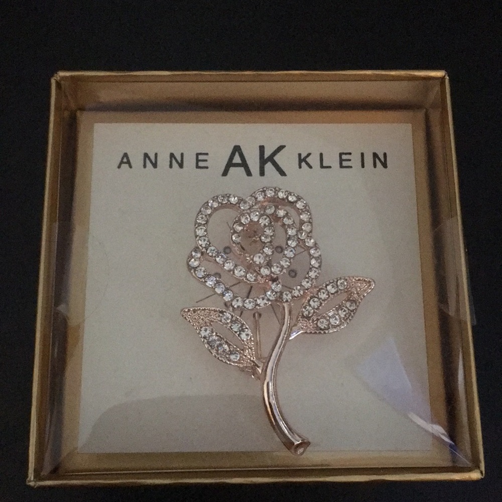 Anne Klein Rose with Leaves Brooche Pink Gold Pave